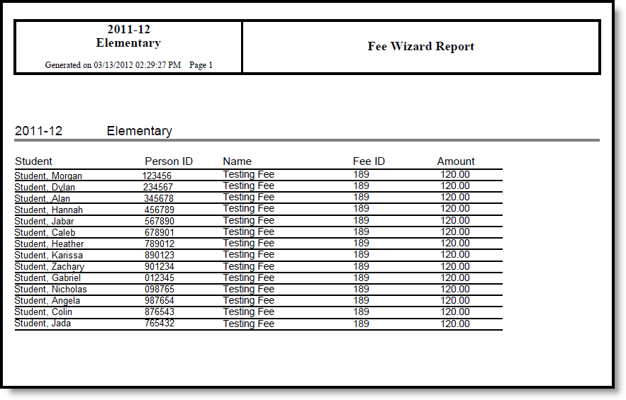 Screenshot of Fee Assignment Preview Report