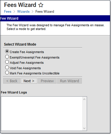 Screenshot of the fees wizard