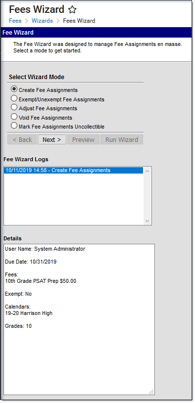 Screenshot of the fees wizard log