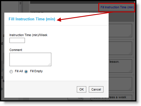 Screenshot of the modal that displays when the Fill Instruction Time options is clicked.  