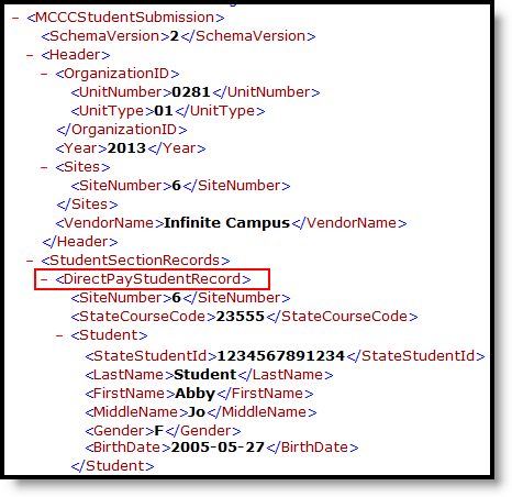 Screenshot of the Student Course Record in XML format.
