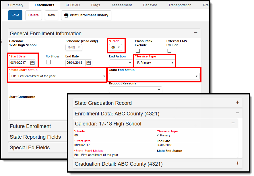 Screenshot of an Enrollment highlighting the fields that display in a Graduation record.