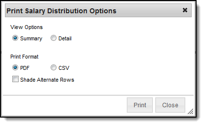 Screenshot of Print Salary Distribution Options