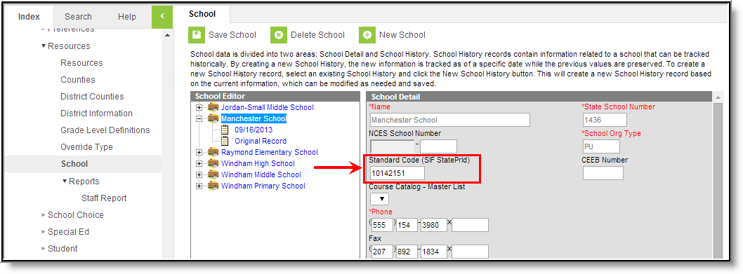 Screenshot of School SIF Code in School Detail editor.