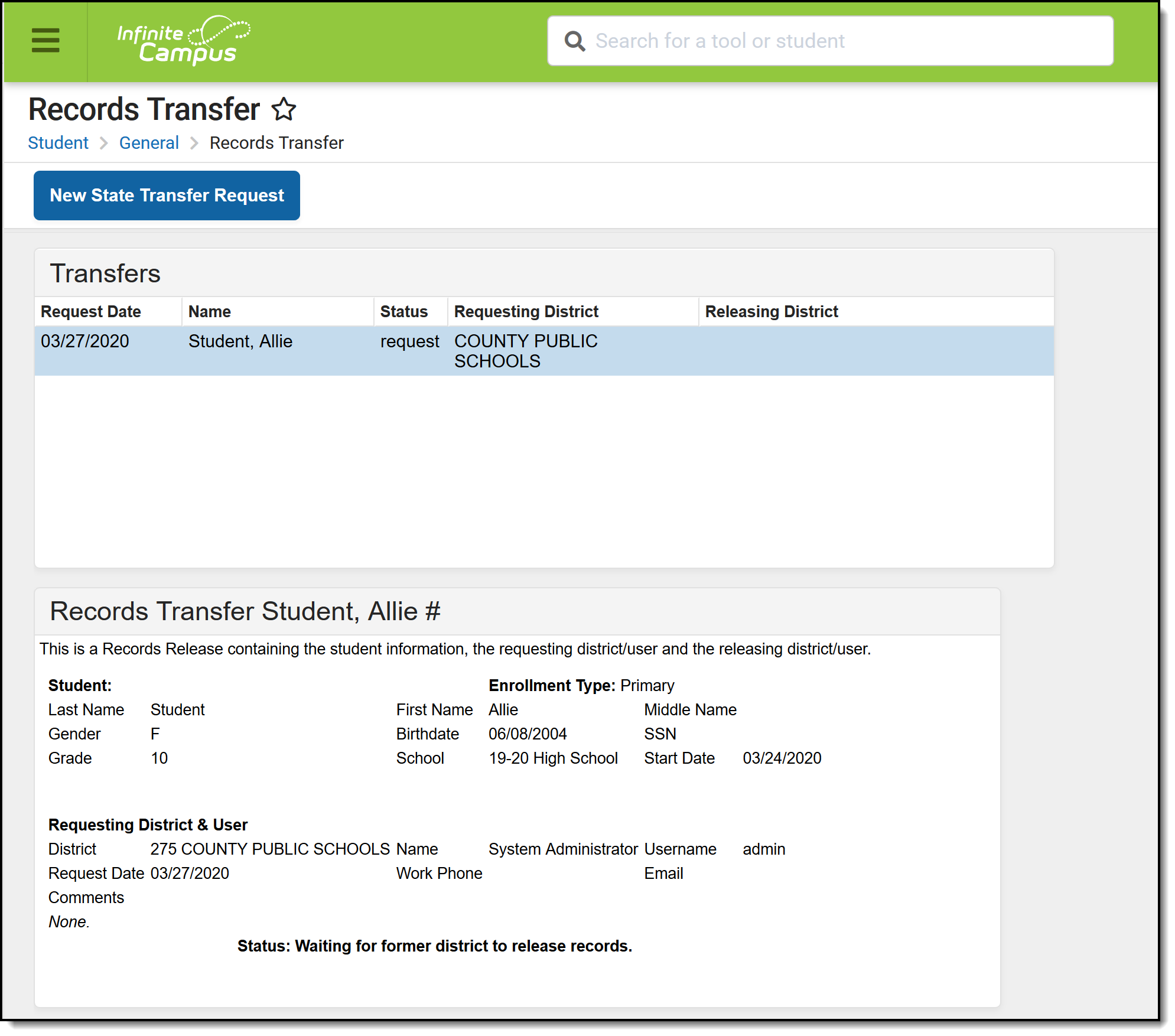 Screenshot of the Records Transfer tool. 