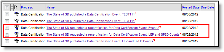 Screenshot of Notification of a State's Request for Re-certification of an Event