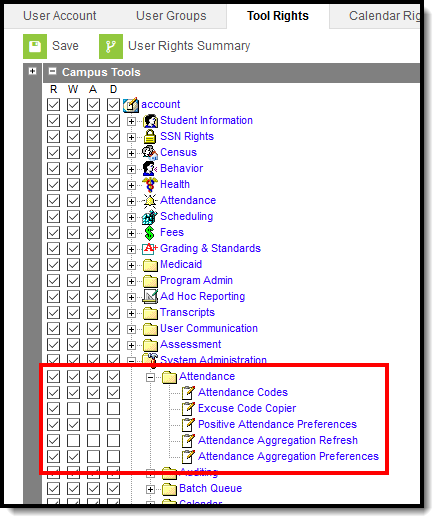 Screenshot of System Administration Attendance tool rights.