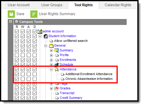 Screenshot of Student Attendance tool rights. 