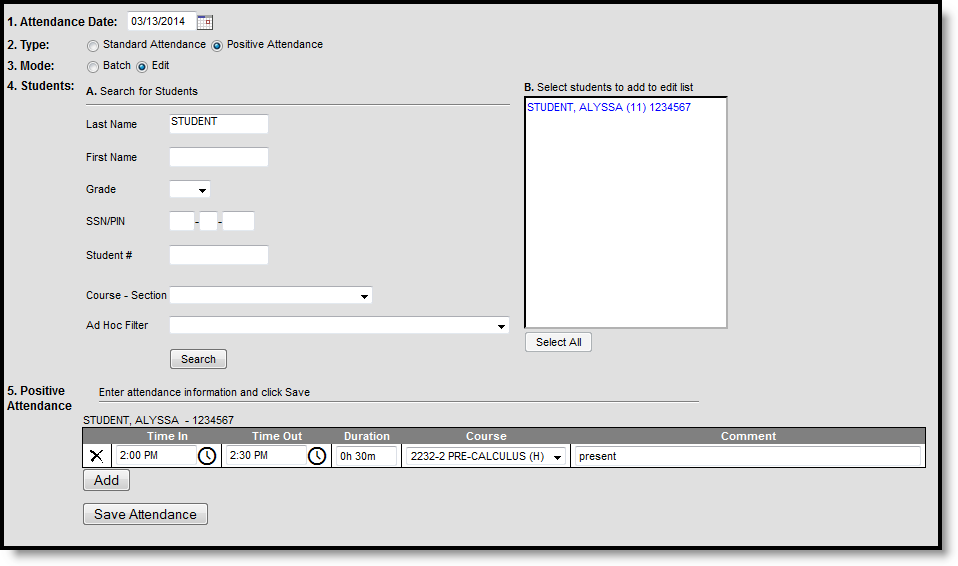 Screenshot of the Positive Attendance Edit Mode in the Attendance Wizard tool.