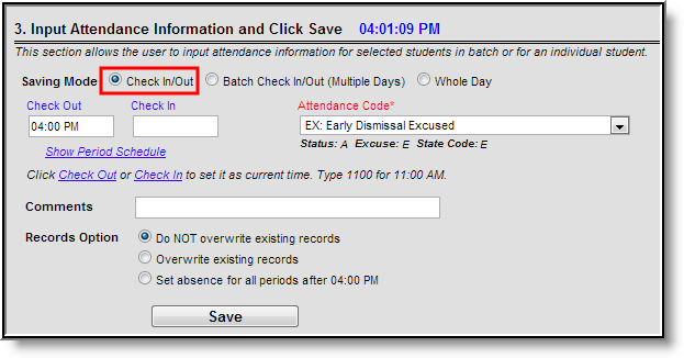 Screenshot of step 3, Input Attendance Information in Check In/Out mode. 