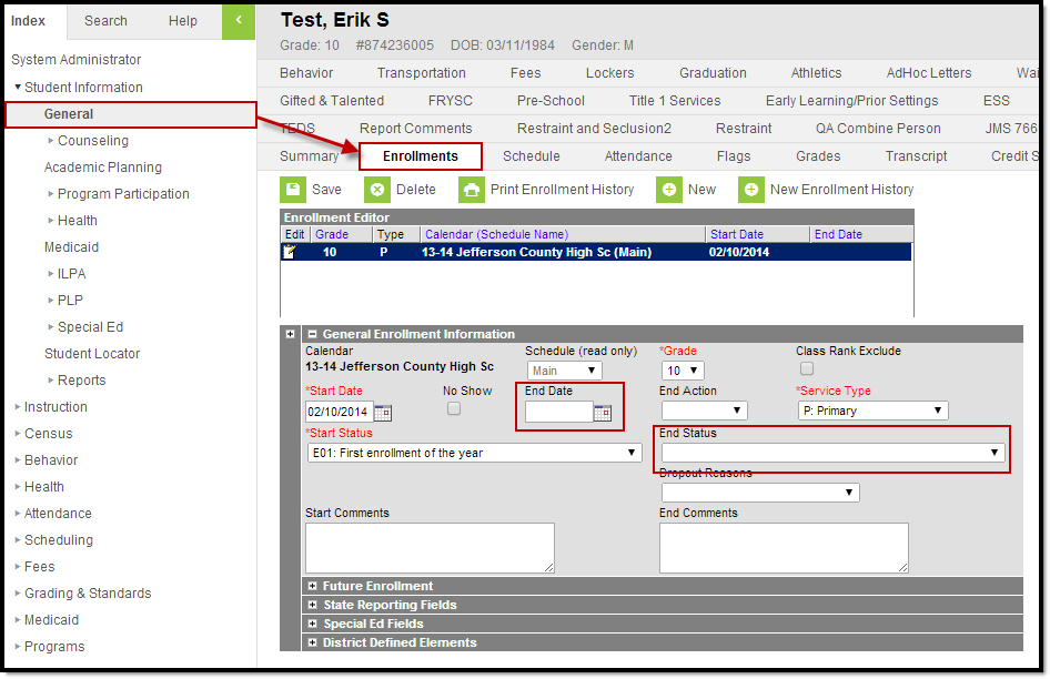 Screenshot of the Enrollments tool with the End Date and End Status fields highlighted. 