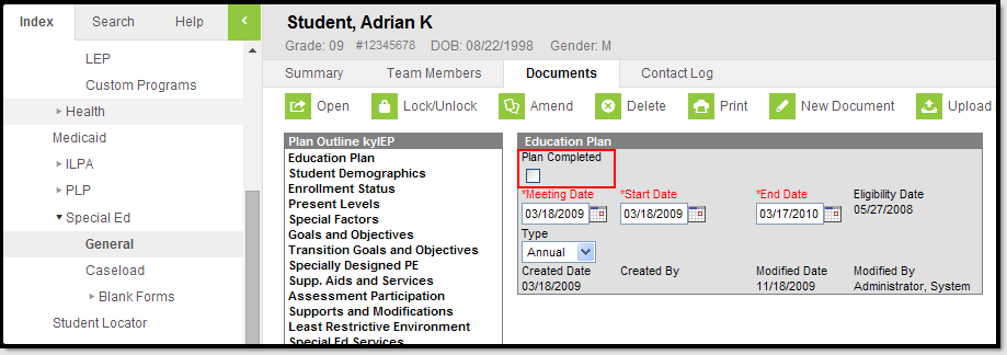 Screenshot of the Special Ed Documents tool with the Plan Completed field highlighted. 