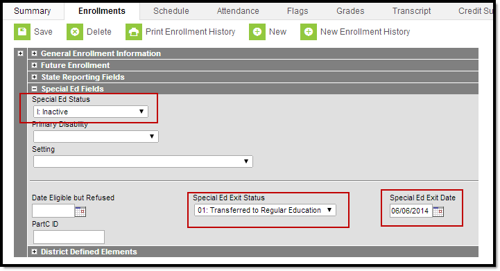 Screenshot of the Special Ed fields section of Enrollments with the Special Ed Status, Special Ed Exit Status, and Special Ed Exit Date fields highlighted. 