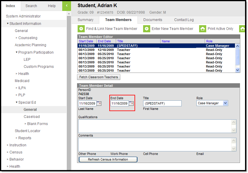 Screenshot of the Team Members tool with the End Date field highlighted. 