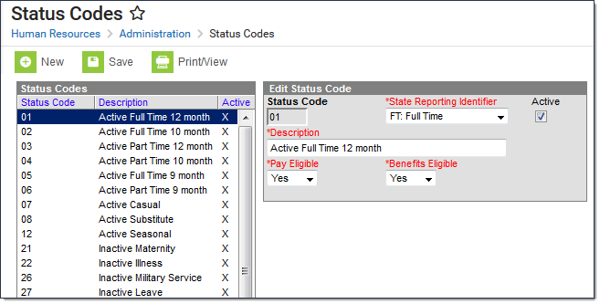 screenshot of the status codes editor.