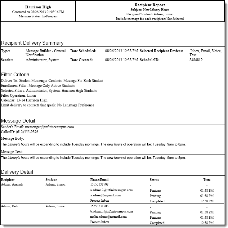Screenshot of an example of the printed report. 
