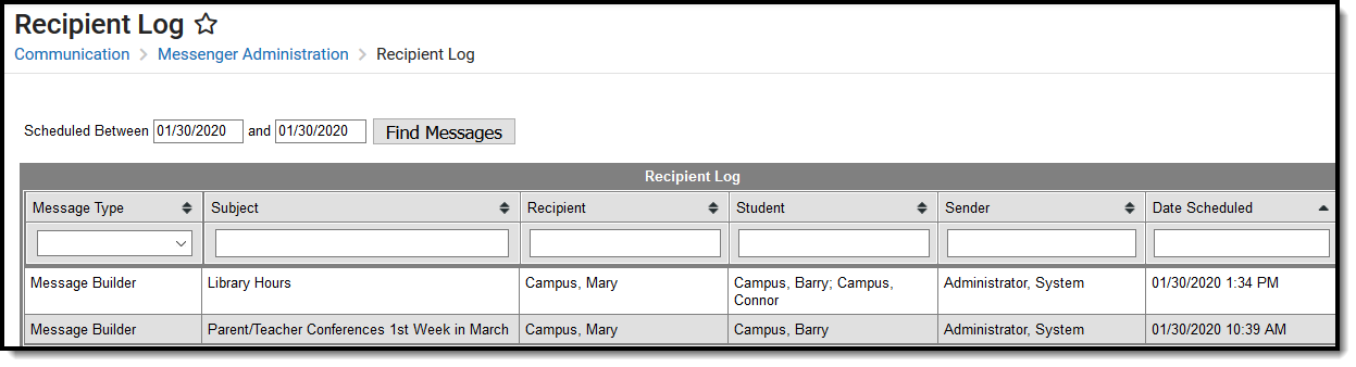 Screenshot of the recipient log table. 