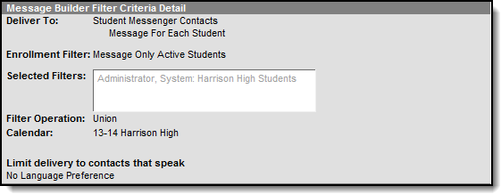 Screenshot of the Message Builder Filter Criteria Detail.
