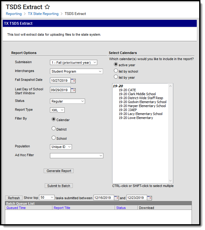 Screenshot of the TSDS Extract editor with the Student Program Interchange option selected.