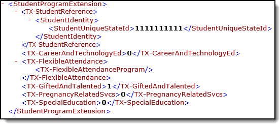 Screenshot of an example of the Student Program Extension extract.
