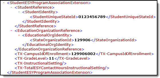 Screenshot of an example of the Student ESY Program Association Extension extract.