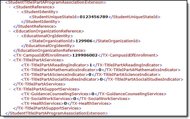Screenshot of an example of the Student Title I Part A Program Association Extension extract.