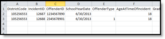 Screenshot of the incident offender template CSV format example.