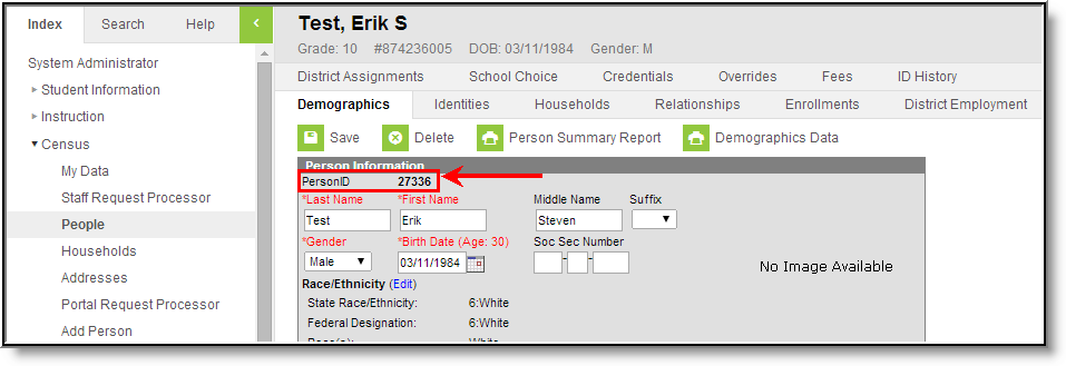 Screenshot of Viewing the PersonID on the Demographics tab