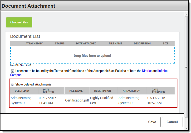 Screenshot of the Document Attachment window; the Show Deleted Attachments option is selected, and the list of deleted files is called out.