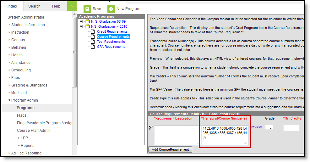 Screenshot of the editor used to set up course requirements for an academic program.
