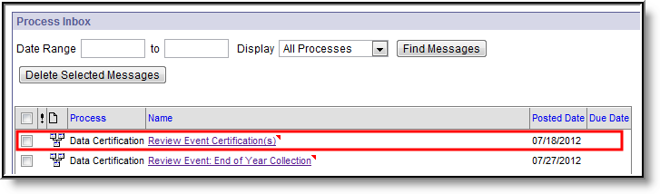 Screenshot of an example of Process Inbox Notification to Review a Data Certification Event.