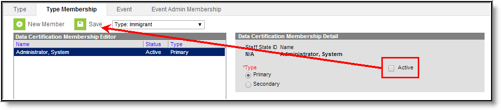 Screenshot of the Type Membeship tool with the Active checkbox highlighed on the Data Certification Membership Detail.e 