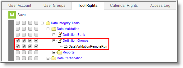 Screenshot of definition groups tool rights