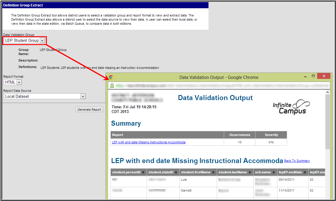 Screenshot of data validation output