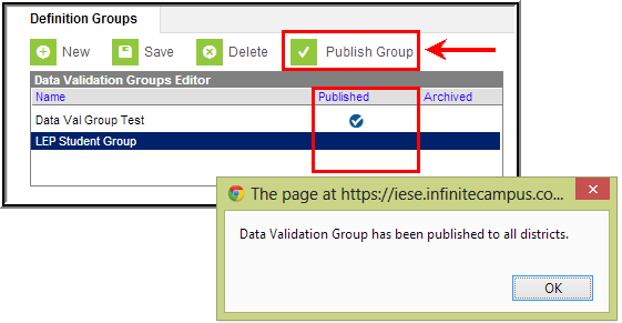 Screenshot of a published data validation group