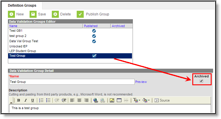 Screenshot of Archiving Definition Group