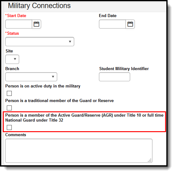 Screenshot of the Person is a member of the Active Guard/Reserve (AGR) under Title 10 or full time National Guard under Title 32 checkbox.