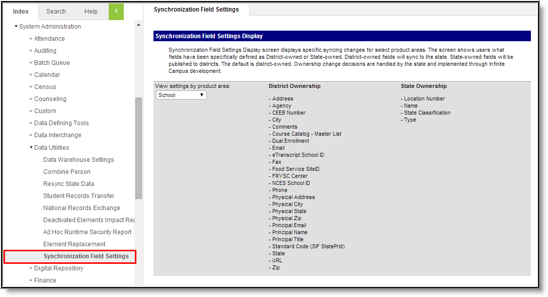 Screenshot of the Synchronization Field Settings tool, located at System Settings, Data Interchange Administration