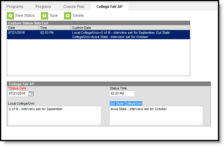Screenshot of Academic Planning Custom Tab
