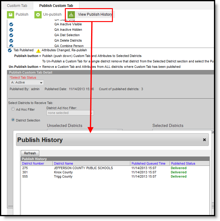 Screenshot of Publish Custom Tab - View Publish History