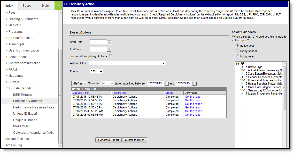 Screenshot of the Disciplinary Actions extract editor.  