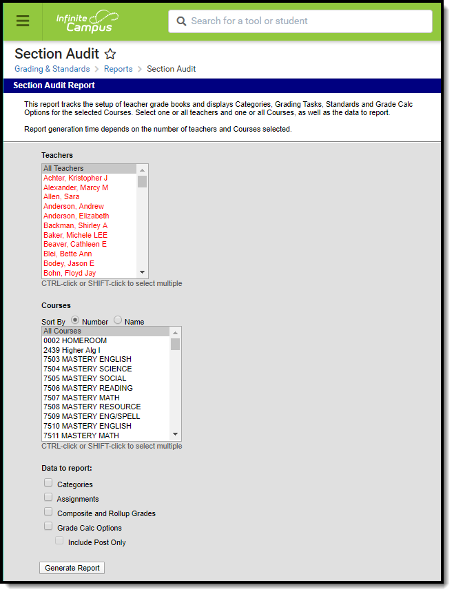 Screenshot of the section audit report editor. 