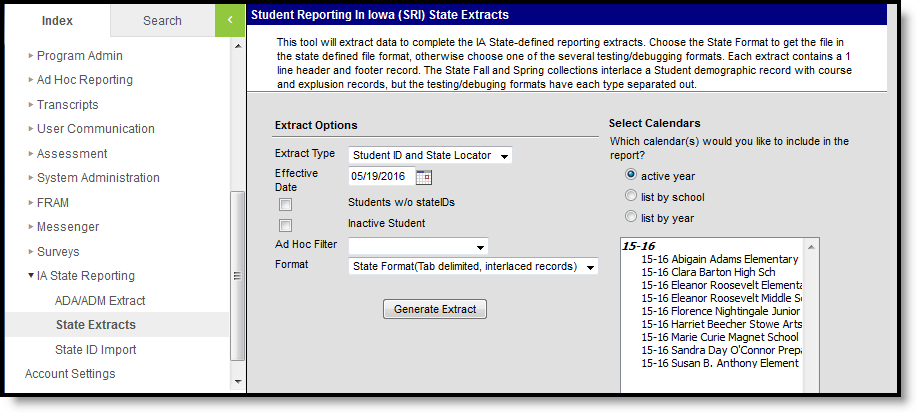 Screenshot of Extract Options for Iowa State Reporting
