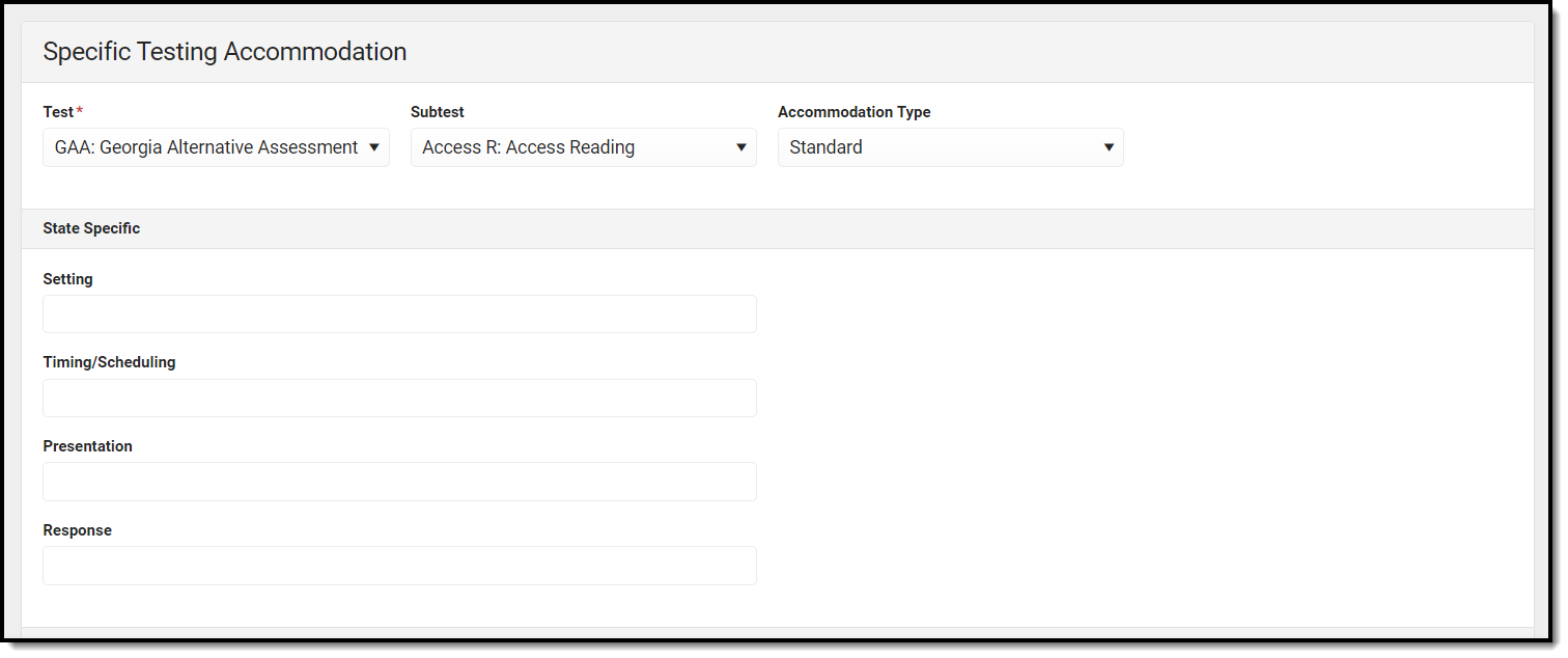 Screenshot of the Specific Testing Accommodations detail screen.