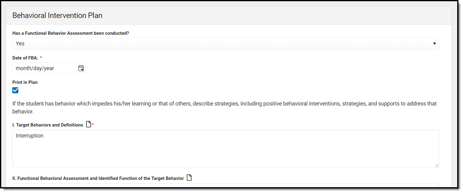 Screenshot of the Behavior Intervention Plans detail screen.