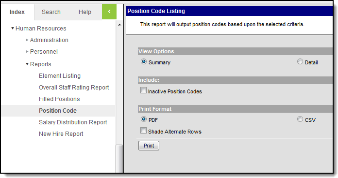 Screenshot of the Position Code Listing report editor. 