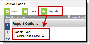 Screenshot highlighting the Reports tool and the report options window that displays.