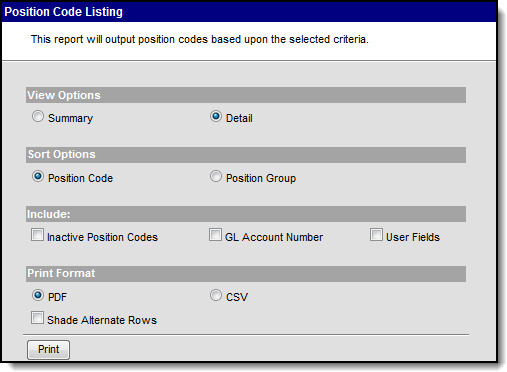 Screenshot of the Position Code Listing report editor with a View Option of Detail selected. 