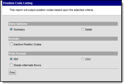 Screenshot of the Position Code Listing report editor with a View Option of Summary selected. 