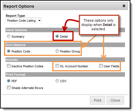 Screenshot highlighting the options that display when a View Option of Detail is selected. 